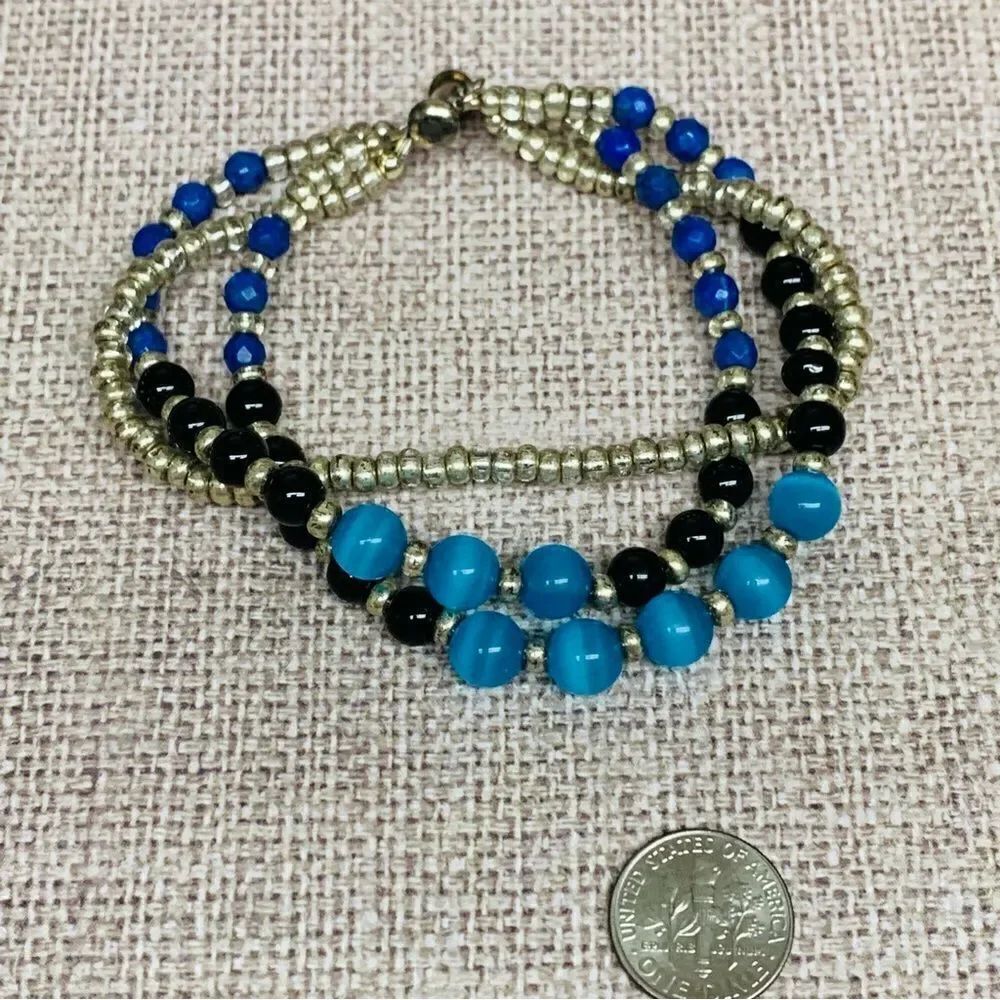 Triple Strand Silver Blue Black Glass Bead Bracelet
